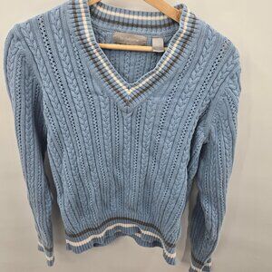 Liz Claiborne Blue Y2K Cable Knit V-Neck Cotton Blend Sweater Size XL